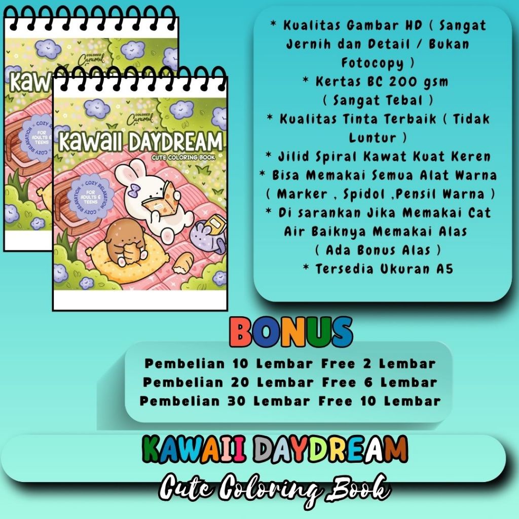 

KAWAII DAYDREAM Coloring Book Tema Keren Terbaru Buku Mewarnai Untuk Anak SD Dewasa Gambar HD Jelas Jernih Kertas 200 gsm Sangat Tebal Jilid Spiral Kawat