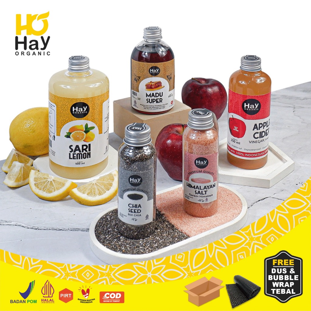 

HAY ORGANIC Paket Diet Detox 5in1 Lemon - Paket Hemat Cuka Apel 250ml, Sari Lemon 500ml, Chia Seed 70gr, Madu Hutan 350gr, Garam Himalaya 100gr
