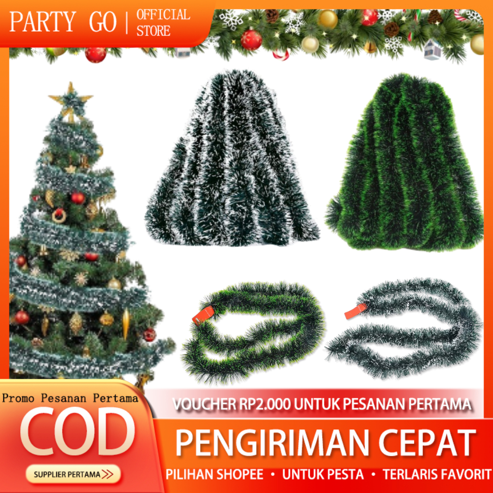 Slinger Natal Putih Salju (1 Pcs) / Slinger Natal ( Hijau Daun & Putih Salju ) 2 Meter Untuk Hiasan 