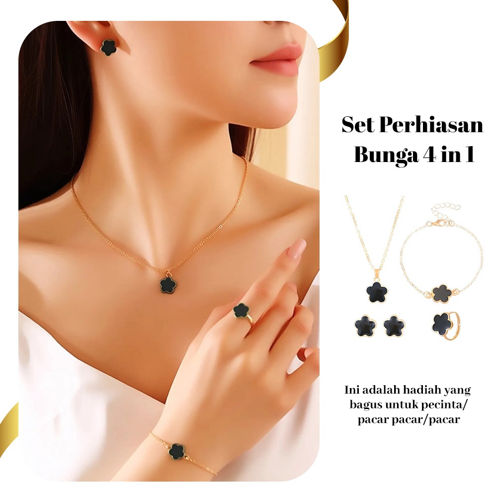 4 Empat potong Set Titanium Clover Vintage Perhiasan Wanita Kalung Gelang Cincin Anting-anting Akses