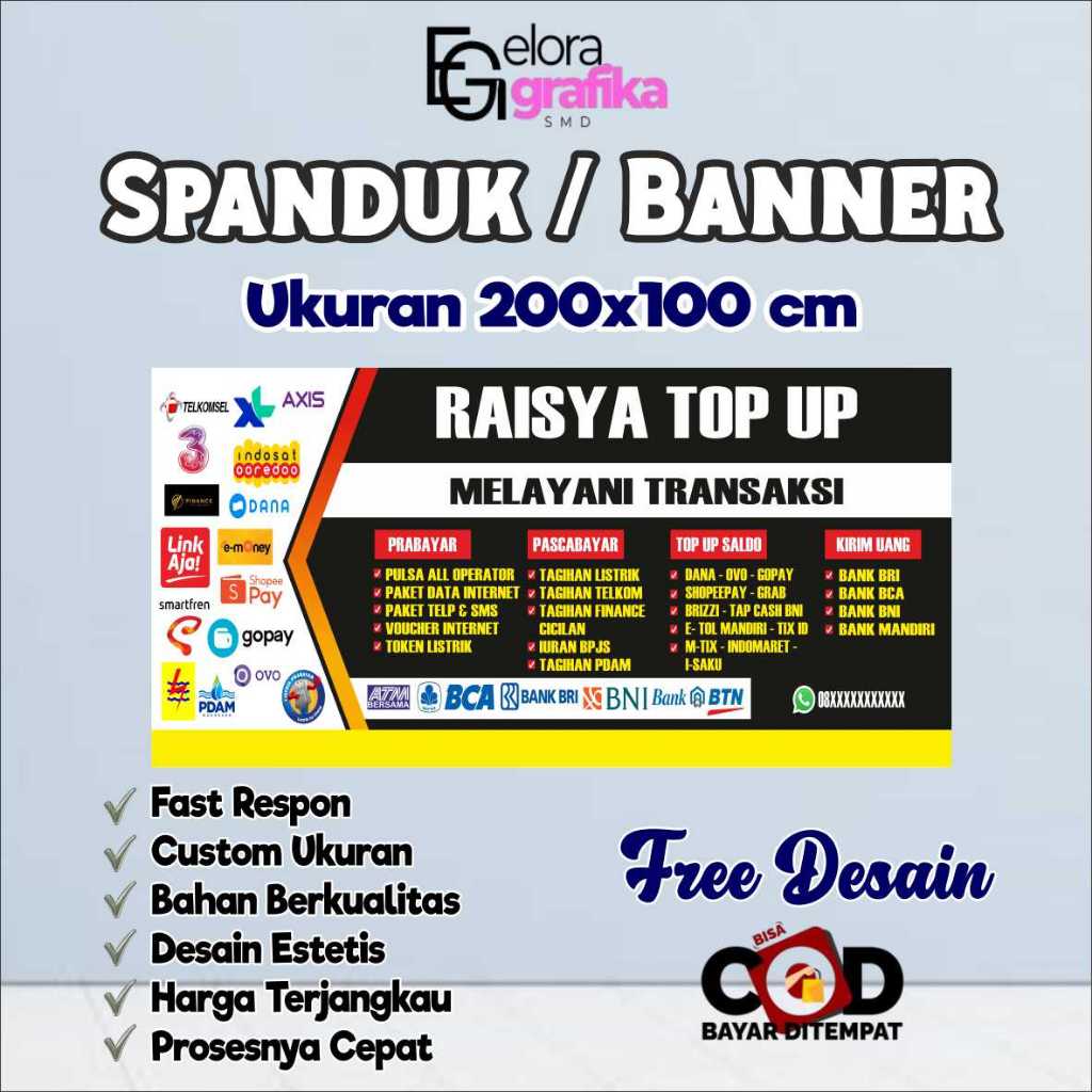 Spanduk Banner Ukuran 200X100 Cm Raisya Top Up Free Custom Desain
