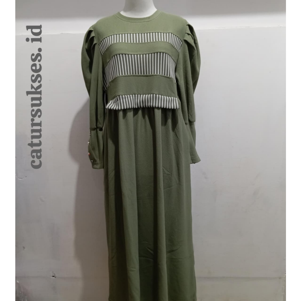 Gamis Dress Salur Kombinasi Polos Knit Lembut Lengan Kancing Premium