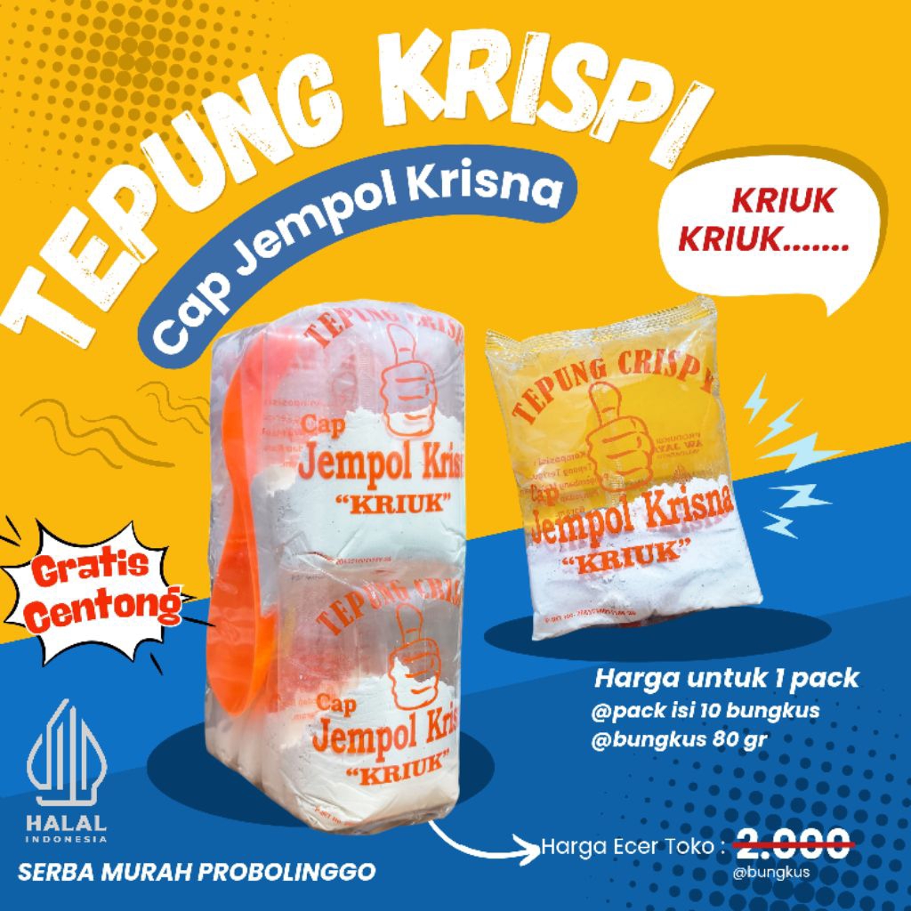 

[ECER 2.000] Tepung Krispi Cap Jempol Krisna kriuk 80gr (1 Pack isi 10 bungkus)