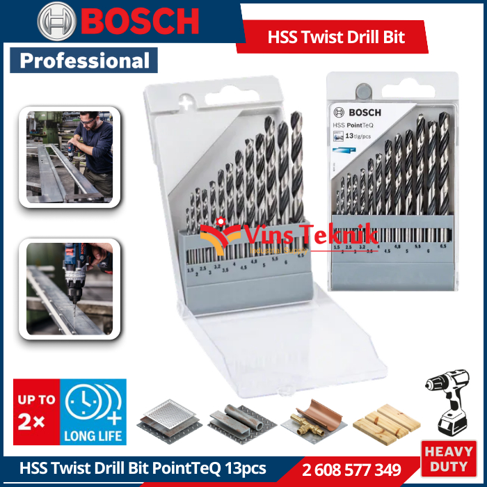 BOSCH HSS Twist Drill Bit PointTeQ 13pcs Set 1.5 - 6.5 mm Mata Bor Besi 2 608 577 349