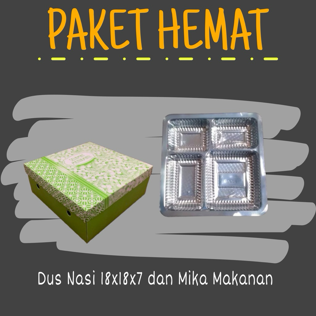 PAKET KARDUS NASI KOTAK DAN MIKA MAKANAN | DUS NASI UK 18x18x7 | MIKA SEKAT 4 |