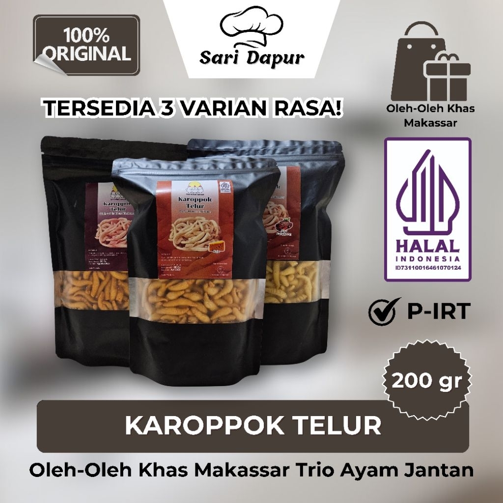 

TRIO AYAM JANTAN Oleh-Oleh Khas Makassar Karoppok Telur 200gr