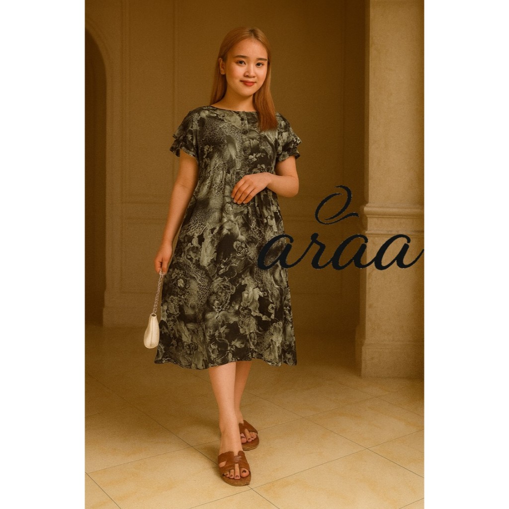 Midi Dress Motif Bunga Pink Rayon Premium /  Casual Elegan, Adem & Nyaman / Dres Murah / Dres Kekini