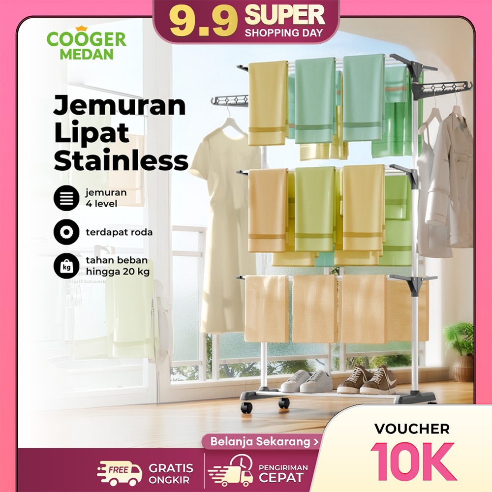 mocafeka - cooger medan jemuran baju lipat stainless steel anti karat rak jemuran menara pakaian