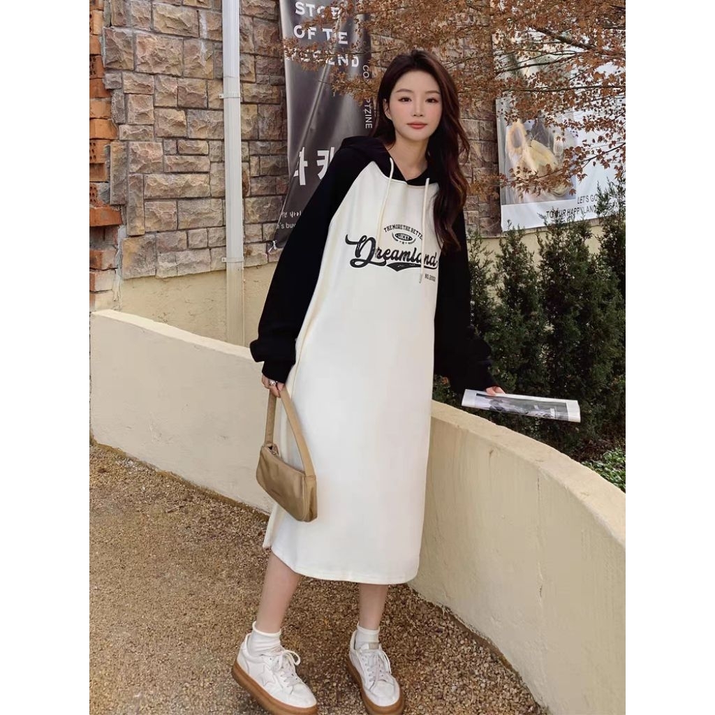 Dress hoodie longgar korea wanita panjang sedang musim semi gaya baru berkerudung jahitan gaya malas
