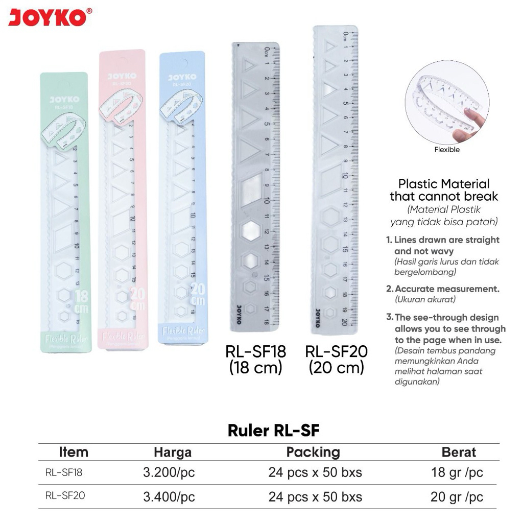 

( 1 Pcs ) Flexible Ruler 18 cm dan 20 cm / Penggaris Plastik Lentur RL-SF18 RL-SF20 Anti Patah Joyko