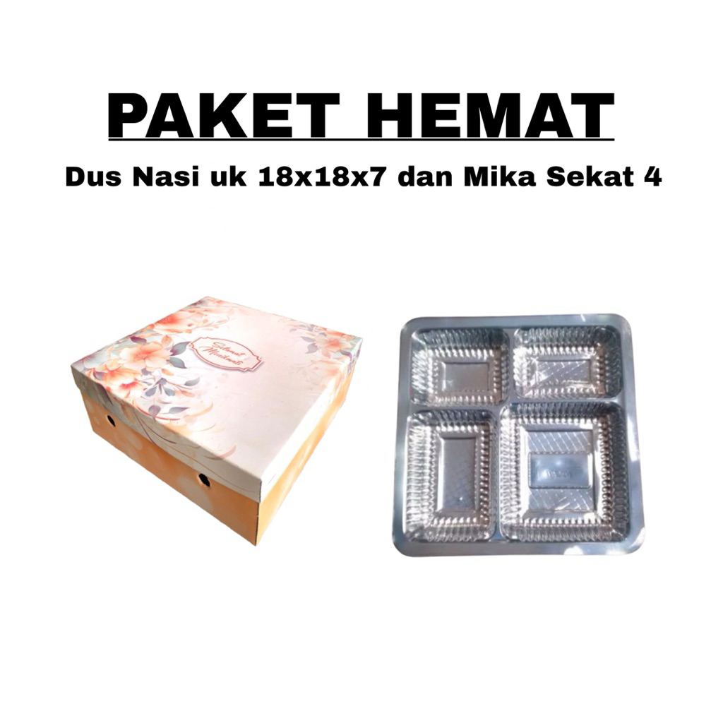 Paket Hemat | Dus Nasi Kotak 18x18x8 dan Mika Sekat 4 | Kardus Nasi Kotak Motif |