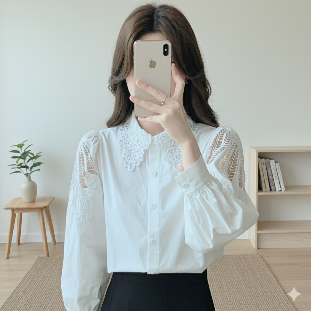 Kemeja Blouse Korea Wanita Atasan Helgia Bordir Renda Kerah Cantik