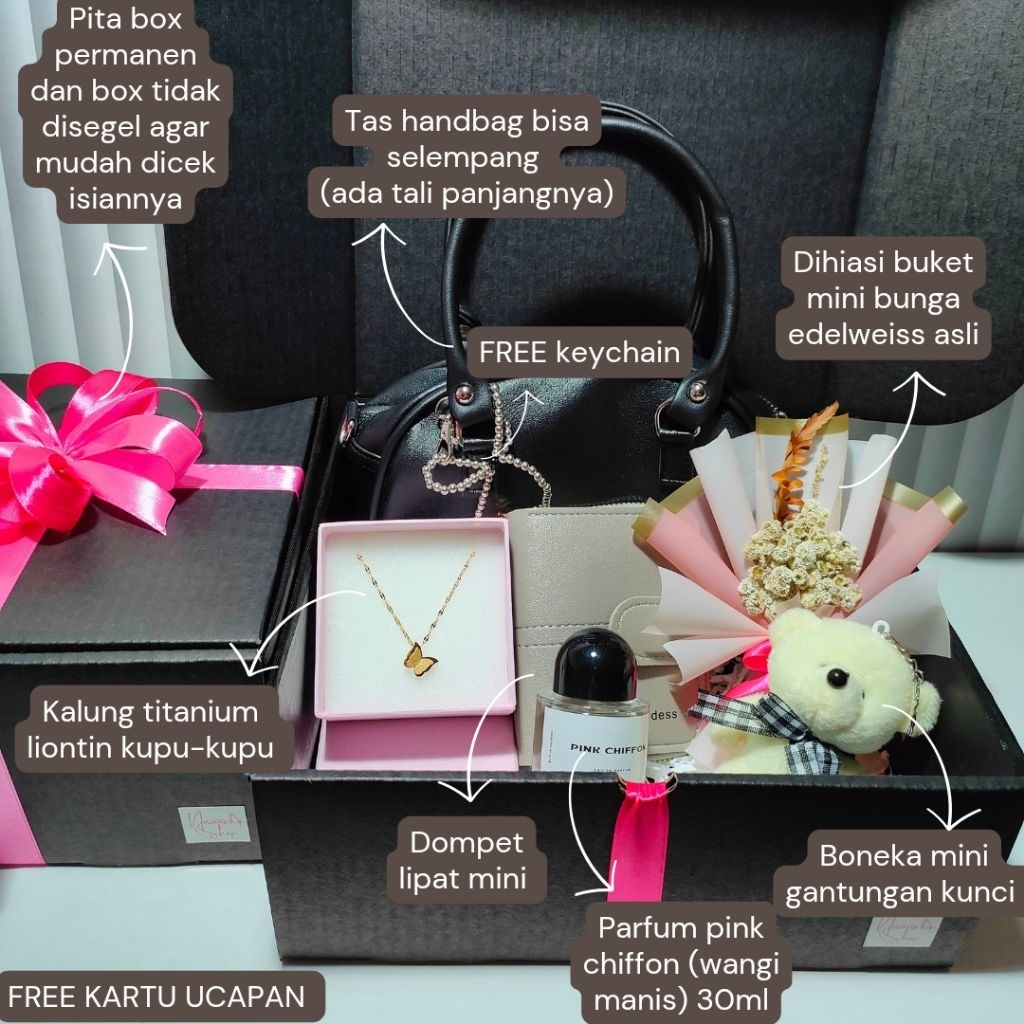 

PAKET TAS (G) / hampers tas + dompet + kalung titanium + parfum 30ml + boneka ganci / kado cewek / hadiah ulang tahun untuk cewek / kado ultah / kado anniversary / birthday gift