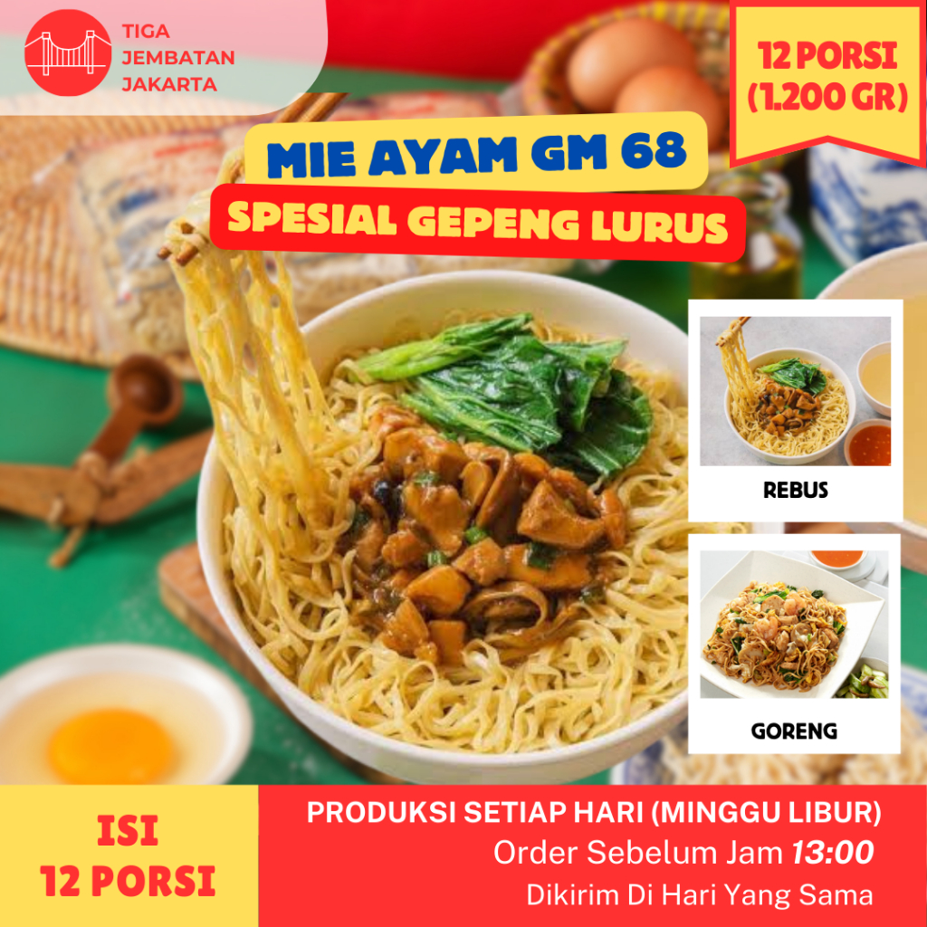 Mie GM Mentah 12 Porsi (1.2 KG) Mie Gepeng - Mie Ayam 68 Halal Bakmie Halal
