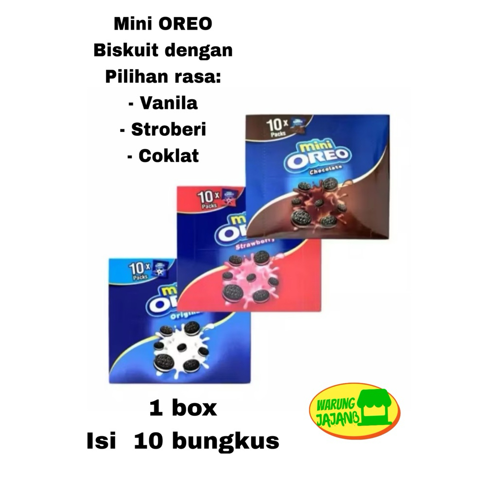 

MINI OREO Biskuit Sandwich rasa Original Vanila Strawberry dan cokelat 1 box isi 10 bungkus x 21gr