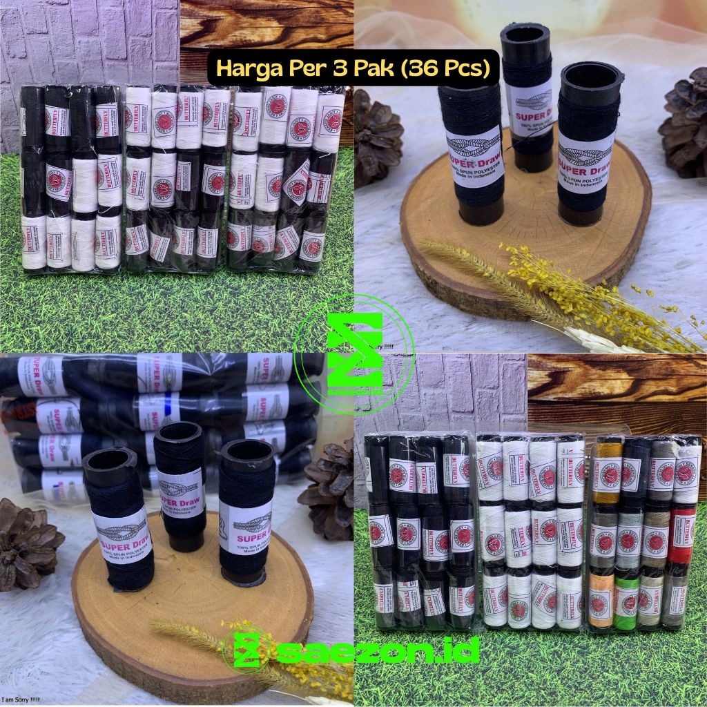 (36 PCS) BENANG JAHIT BESAR PAK ISI 12 PCS WARNA PUTIH HITAM CAMPUR WARNA / BENANG BESAR