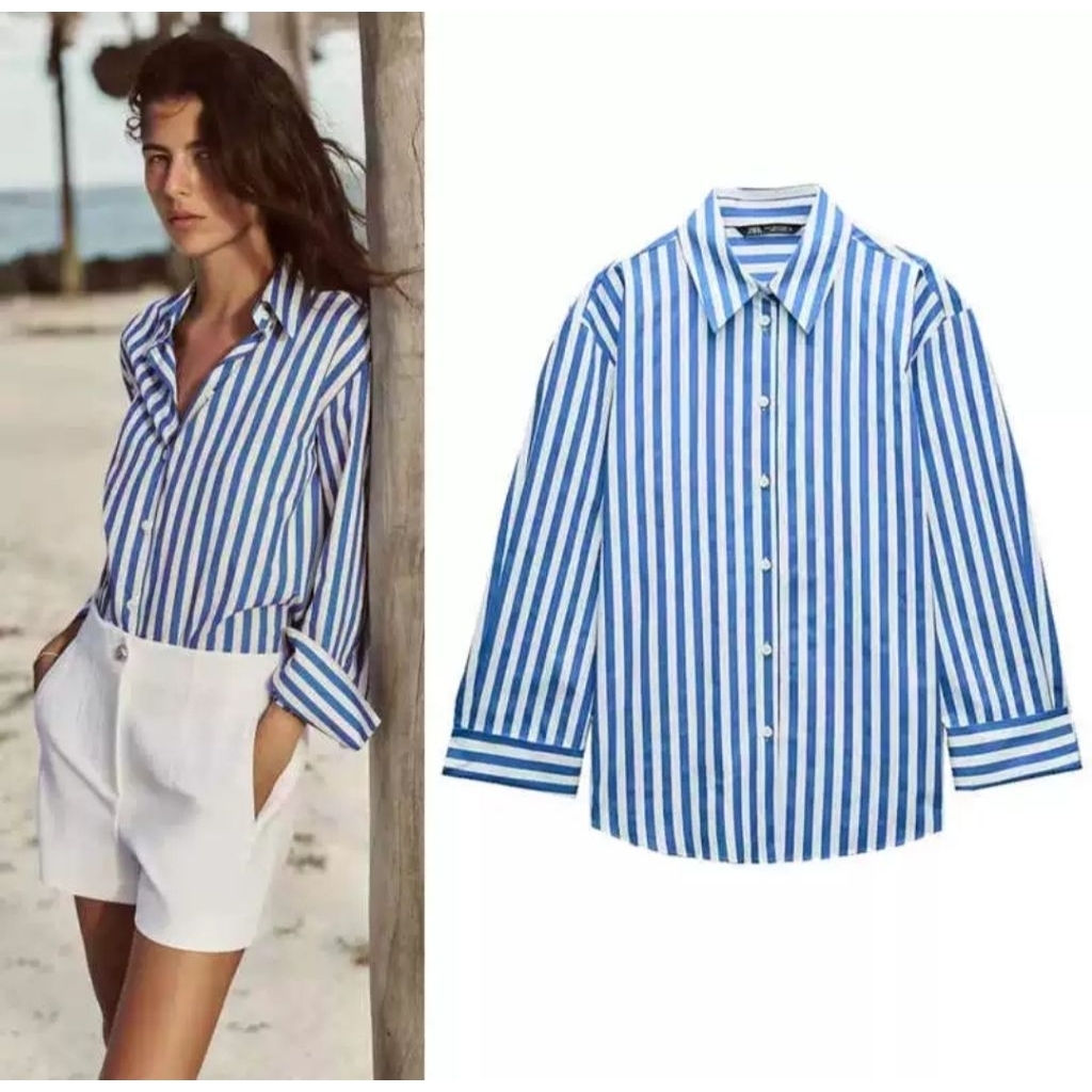 Kemeja Stripes Wanita Lengan Panjang Oversize – Kemeja Garis Biru Putih Casual Korean Style