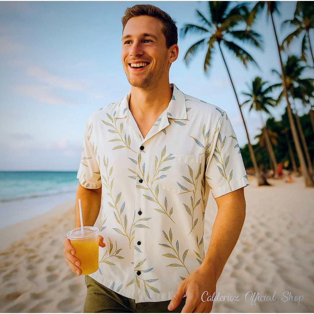 Calderioz - Kemeja Tropis Motif Daun Putih Lengan Pendek Pria Wanita Baju Outfit Summer Santai