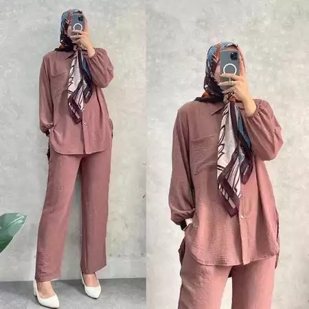 Setelan Wanita Setcel Polos Kemeja Full Kancing One Set Wanita Trendy Busui