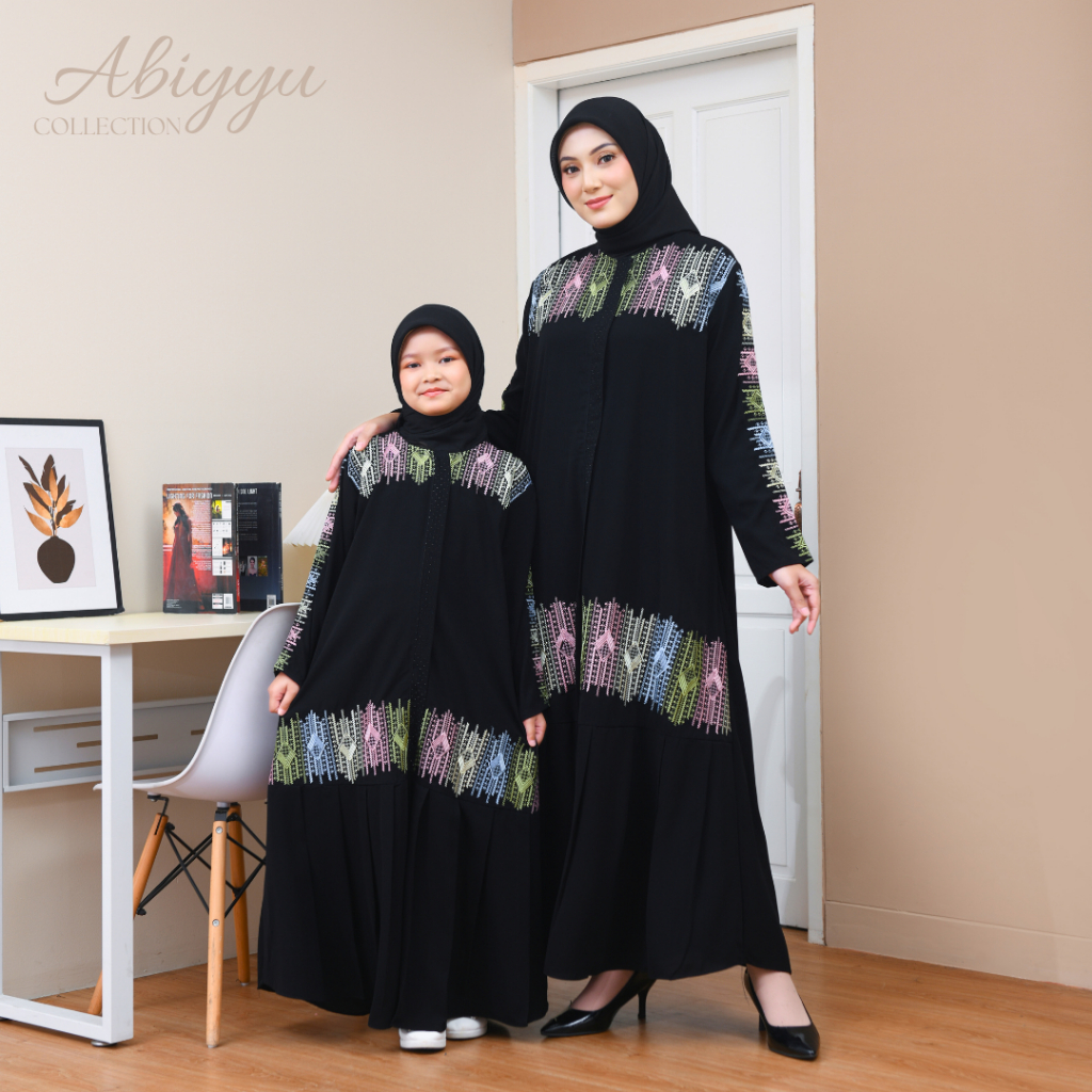 Abiyyuco TA9067 | Gamis Abaya Couple Ibu Anak Perempuan Remaja Bahan Jetblack Wolfis Hitam Bordir Pa