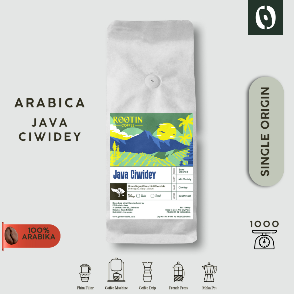 

Rootin Coffee Java Ciwidey Single Origin Arabika Roasted Beans Biji dan Bubuk Kopi / 1kg