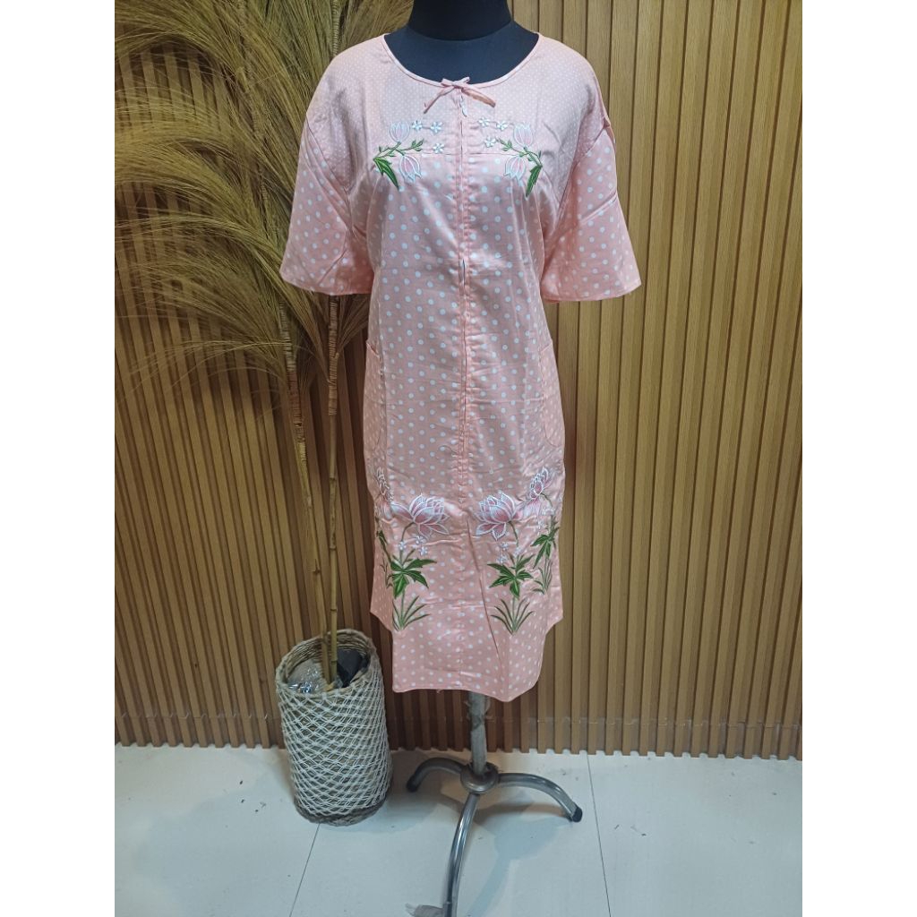 Daster Malang Wanita Katun Jepang Premium Bordir Bunga Rotancia Peach