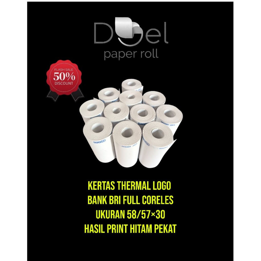 

(PAKET 1KG) 30 roll/3 pack kertas kasir thermal logo BANK BRI full coreles 58/57×30mm