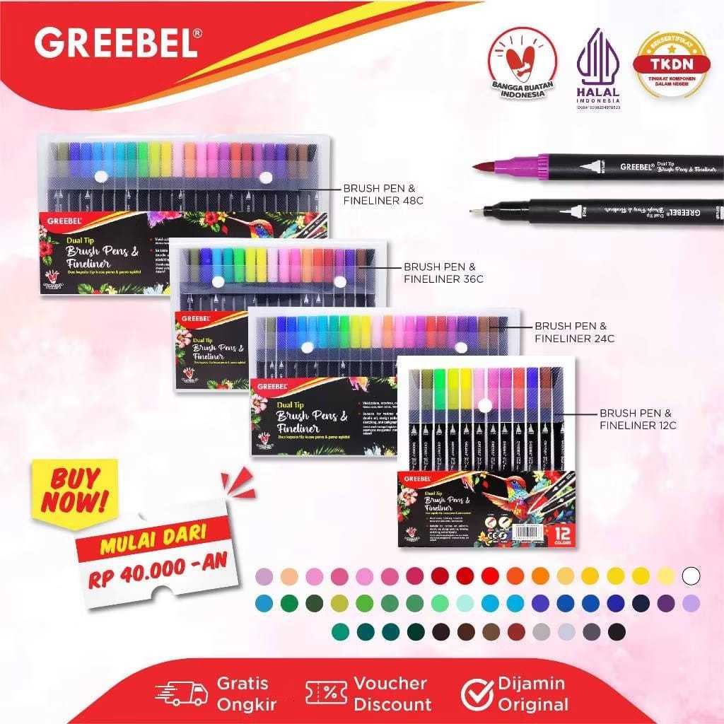 

GREEBEL Dual Tip Brush Pen Color / 12 / 24 / 36 / 48 Warna / Spidol Kuas Set Marker Drawing Pen