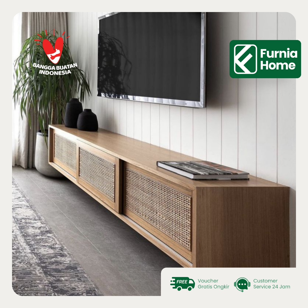 Meja TV Gantung Kayu Jati Solid Pintu Geser Rotan Bufet Minimalis rak dinding Ambalan Kayu Retro