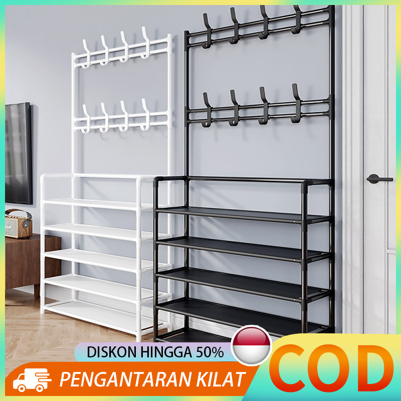 Rak Sepatu Minimalis 5 Tingkat Multifungsi - Hanger Tas & Topi Super Kokoh, Desain Modern Hemat Ruan