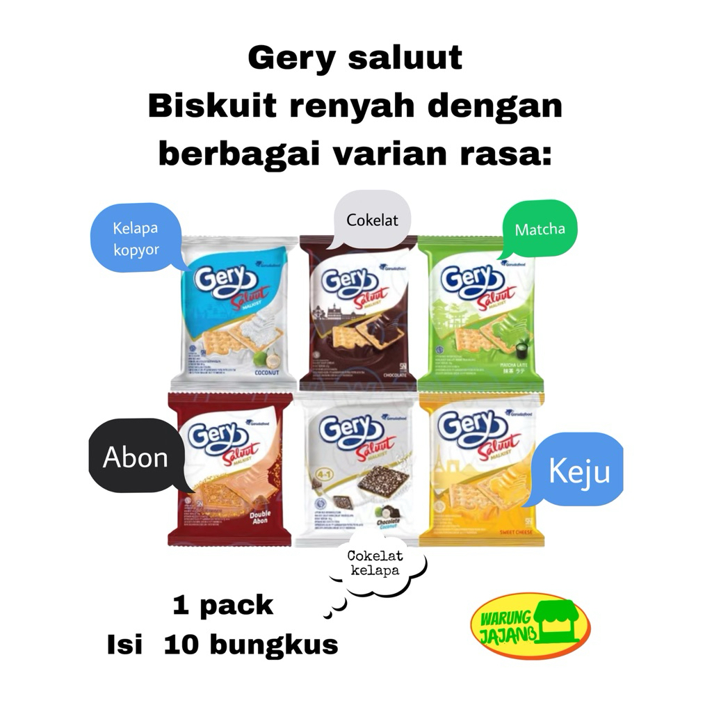 

GERY Saluut Malkist Biskuit RENCENG 1 pack isi 10 bungkus x 18gr Biscuit Rasa Keju Abon Cokelat Matcha Cokelat Kelapa Sweet Cheese
