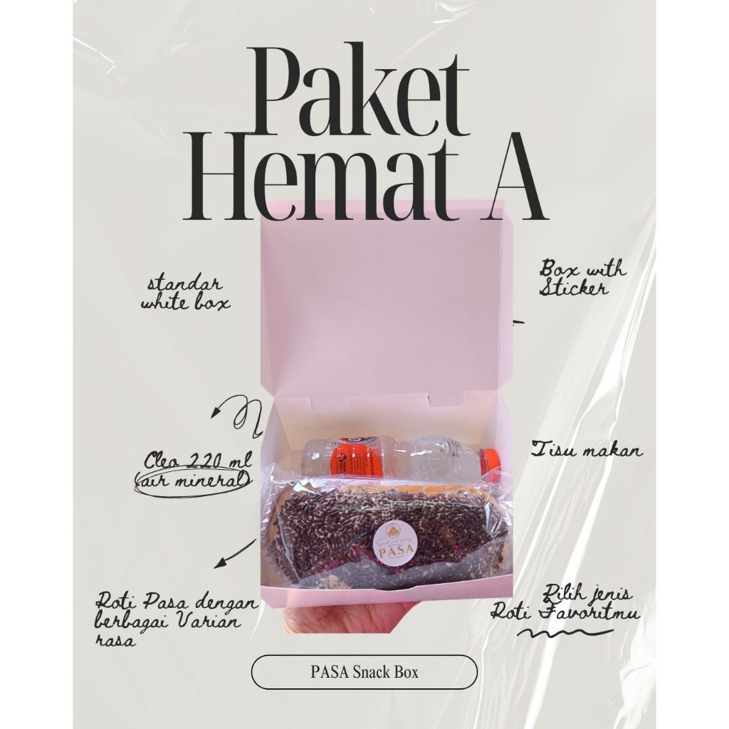 

Paket Hemat A - Roti Pasa (berbagai varian), Air Mineral, Tisu Makan