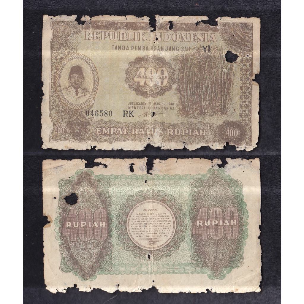 Uang kuno 400 Rupiah tahun 1947 seri Oeang Repoeblik Indonesia (ORI-IV) S/N 046580RK