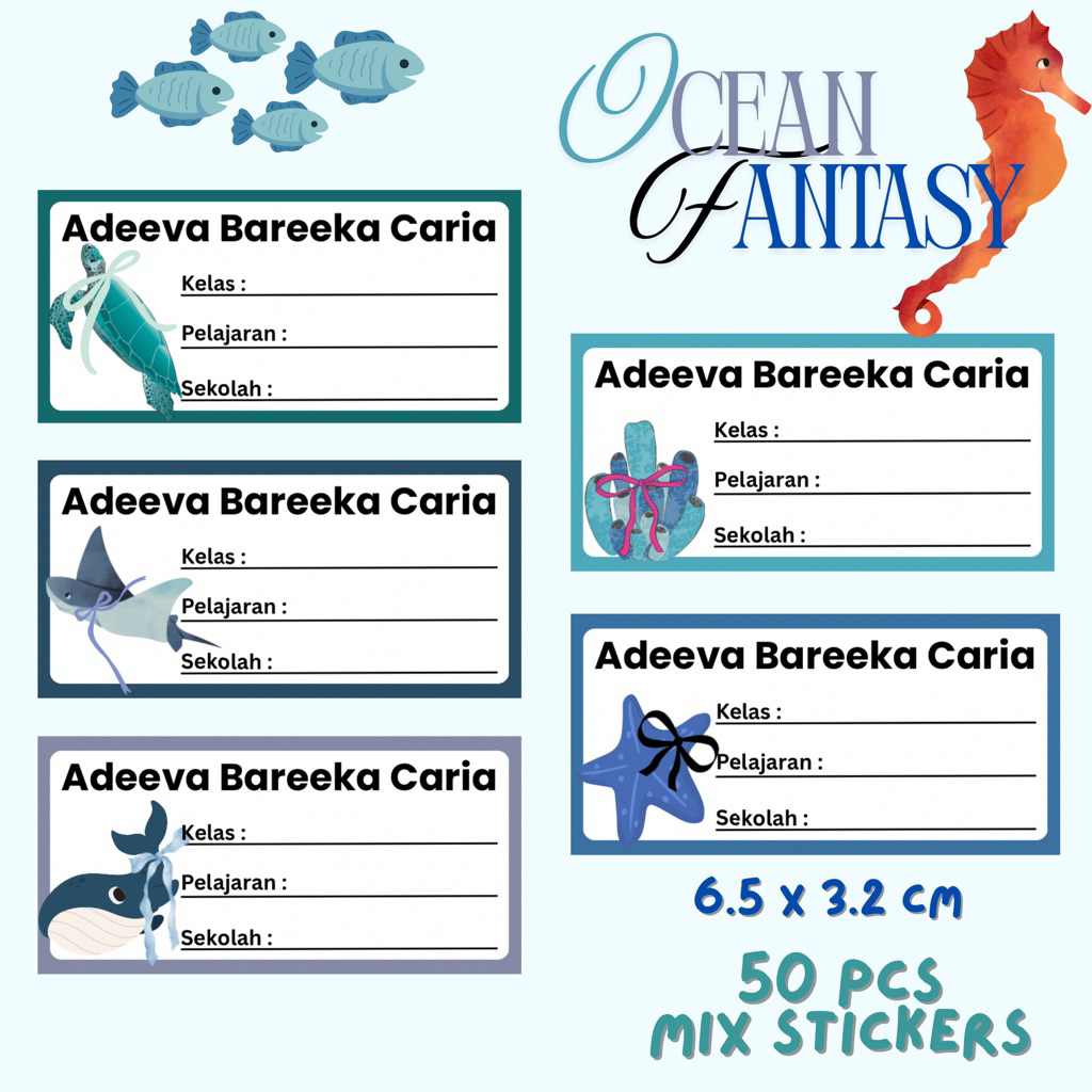 

SGD - 50pcs Label Stiker Mapel Buku Sekolah Aesthetic Custom Teks - Ocean Fantasy