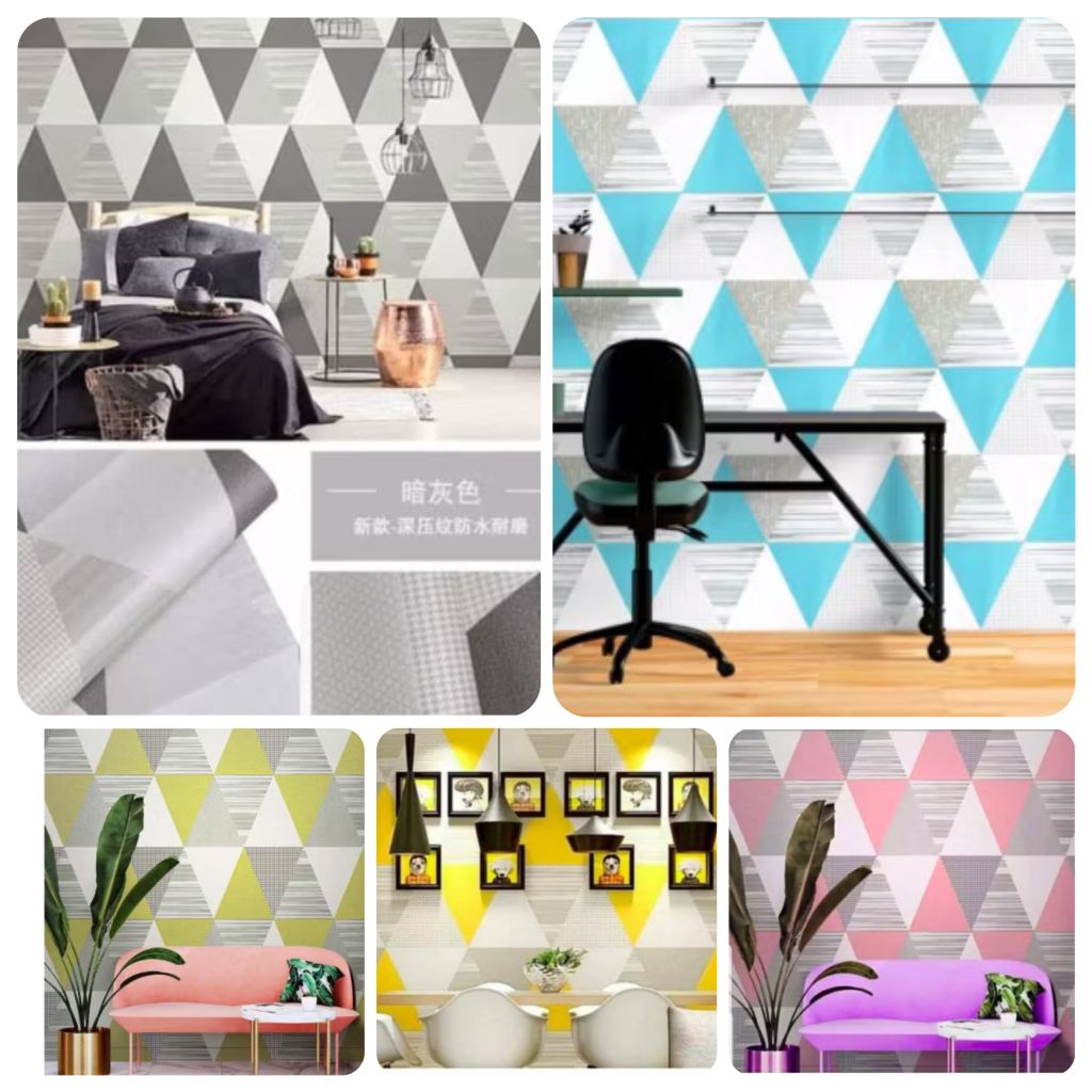 WALLPAPER DINDING ukuran maksimal STIKER DINIDNG SEGITIGA BIRU TOSCA PINK HIJAU KUNING MOTIF BARU 20