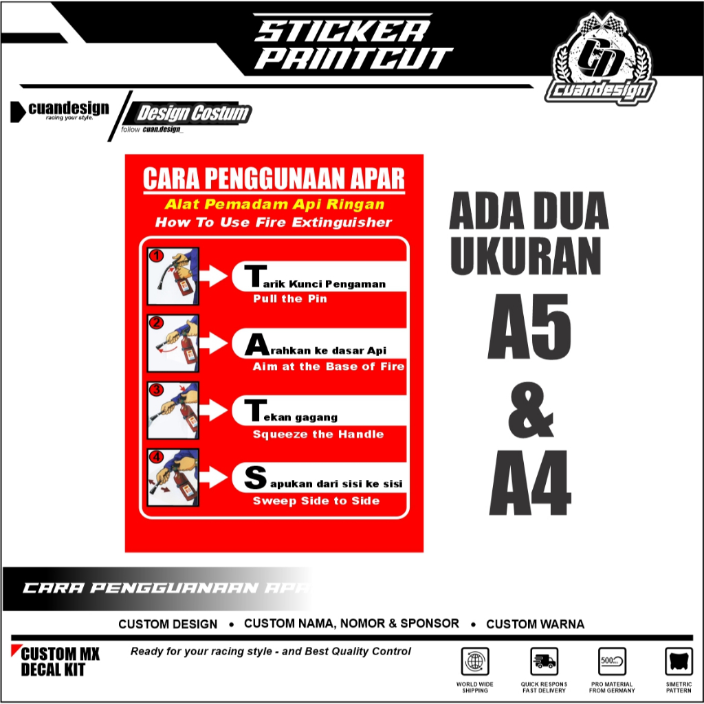 

STICKER SIGN K3 PETUNJUK PENGGUNAAN APAR FIRE EXTINGUISHER + LAMINASI GLOSSY UKURAN A5 & A4