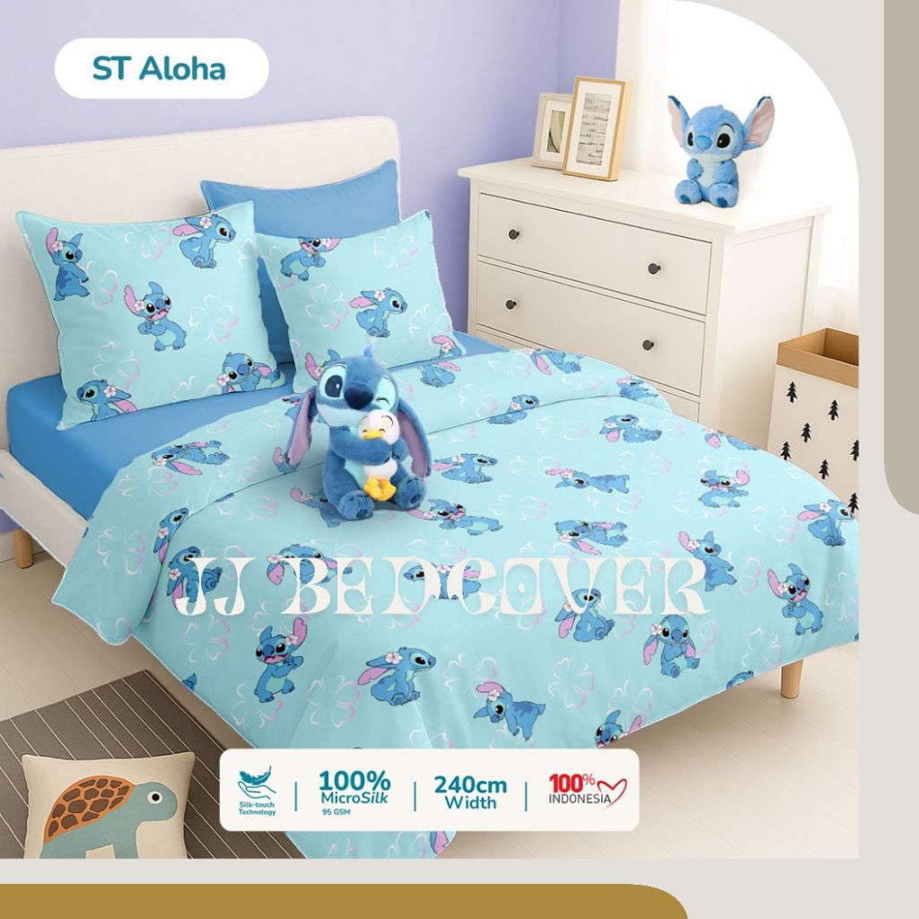 JJ BEDCOVER - BedCover Set Lengkap + Sprei - Two Tone - Bahan Microtex Disperse - MOTIF STITCH ALOHA