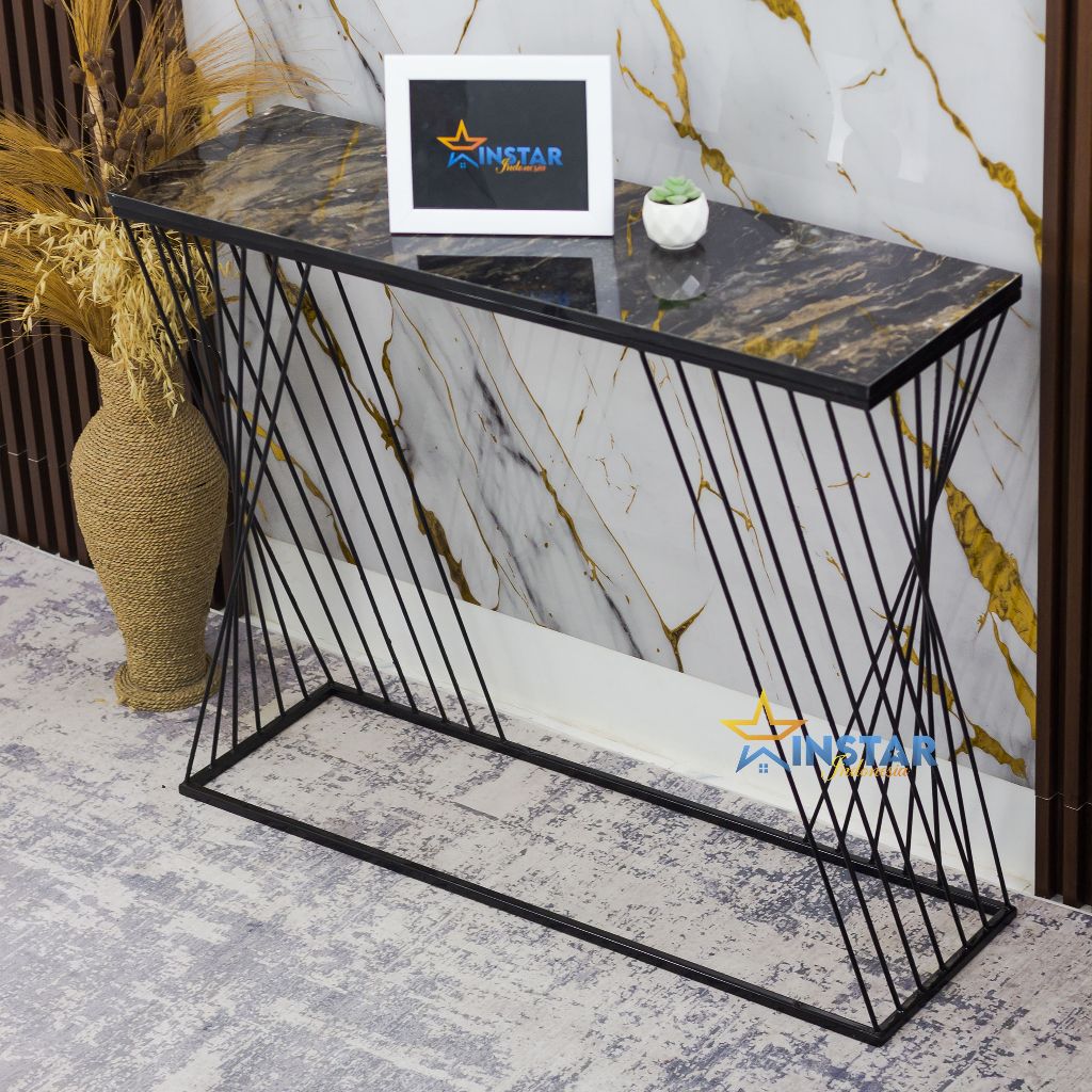 Instar - Meja Konsul Ruang Tamu Minimalis Multifungsi Besi HPL Motif Marmer Besi Hitam