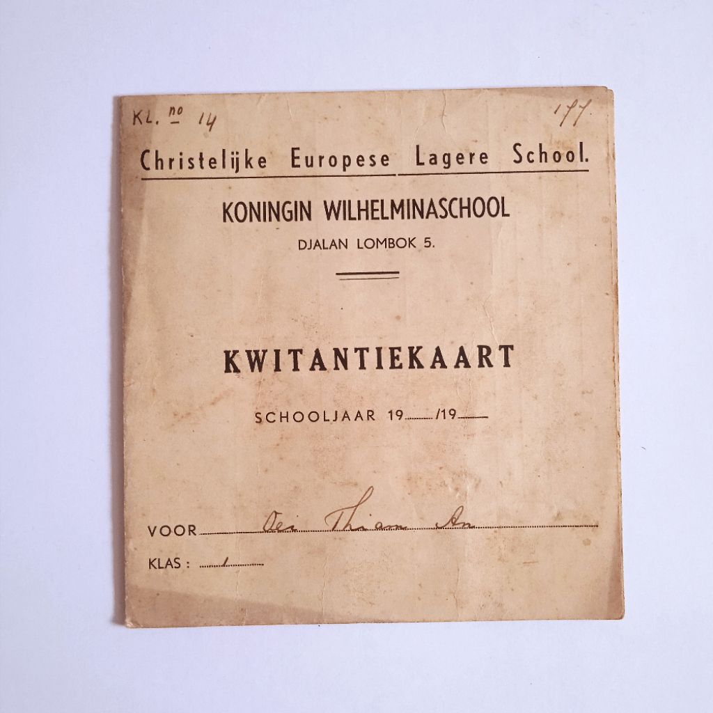 Antik Dokumen Lama Kartu Pembayaran Sekolah Dasar KONINGIN WILHELMINASCHOOL KWITANTIEKAART 1951 Utuh