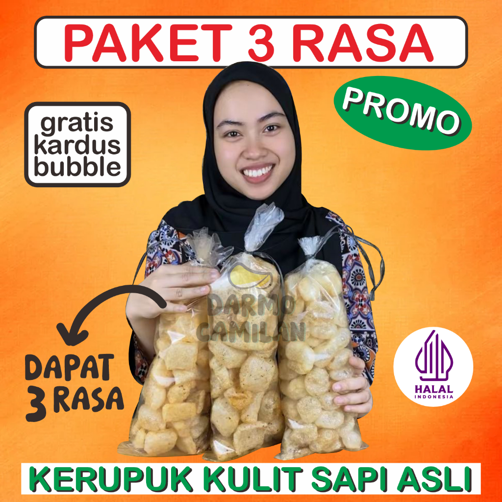 

Paket Krupuk Kulit 3 Rasa Gurih Asin Balado Pedas Rambak Sapi Dorokdok Jangek