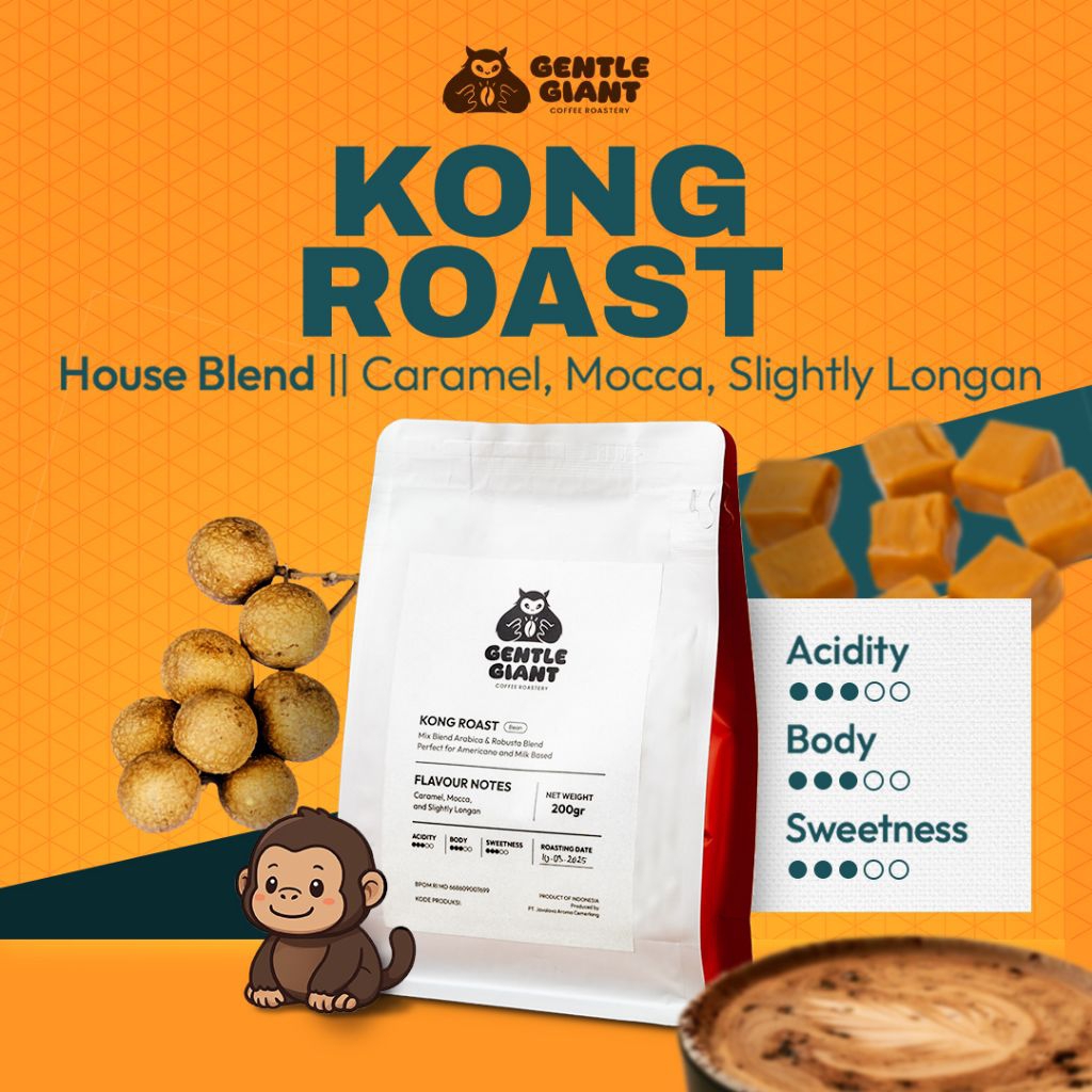 

KONG ROAST 1000gr – House Blend Arabica Robusta Premium | Biji Kopi / Kopi Bubuk Fresh Roast | Mocca Caramel Longan by Gentle Giant