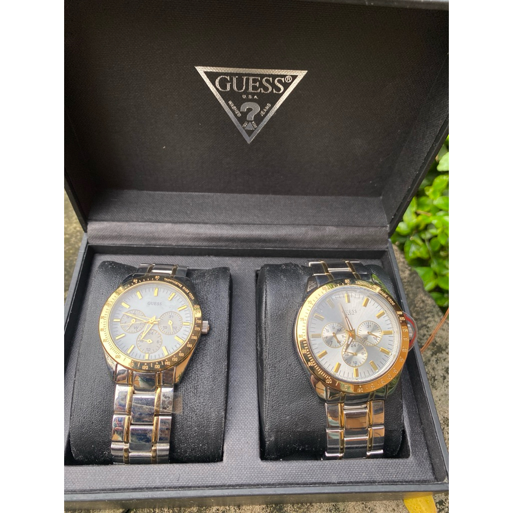 GUESS Couple Stainless Steel Chronograph Watch Set – Two Tone Gold & Silver