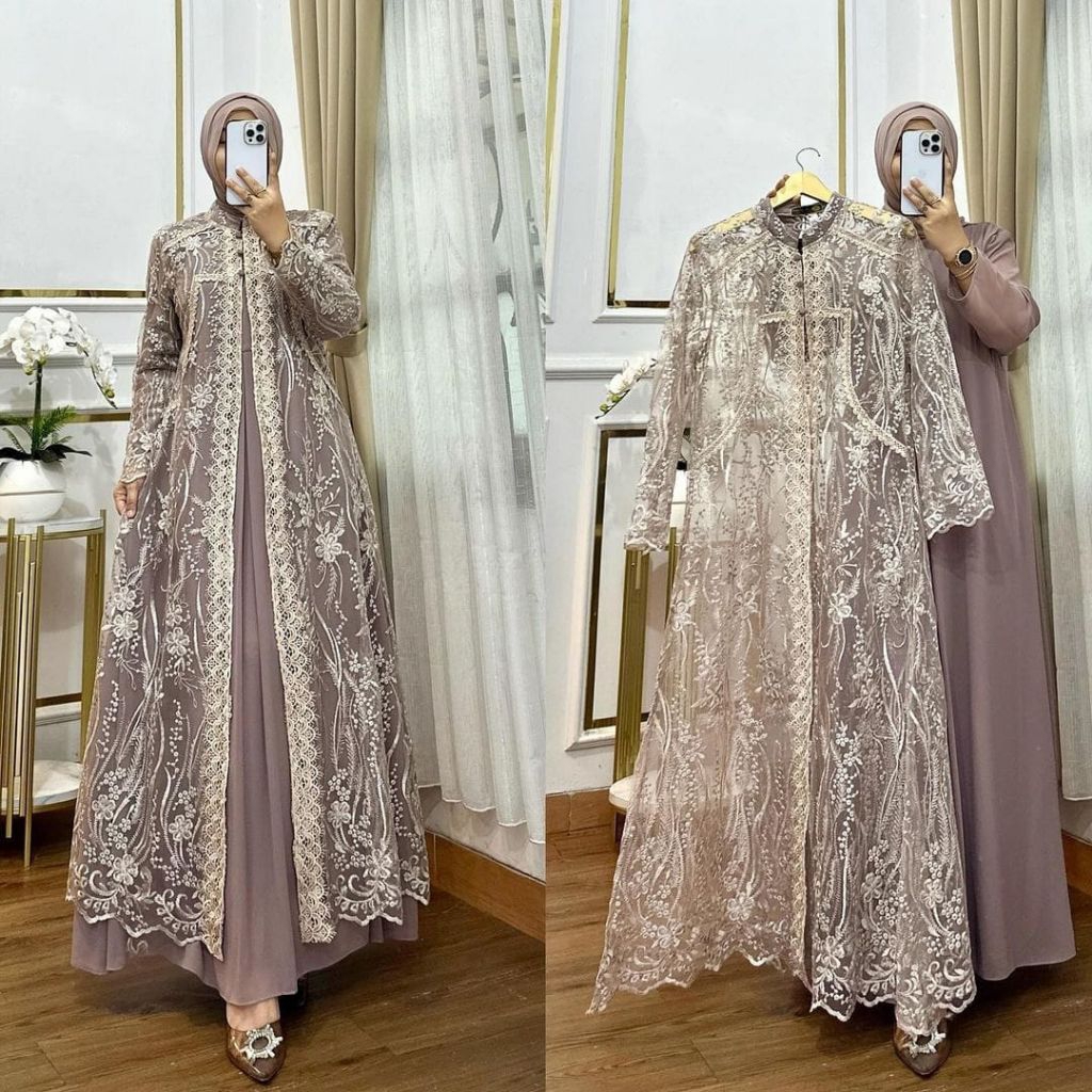 Amora dress plus outer burkat dan renda /gamis amora/gamis burkat