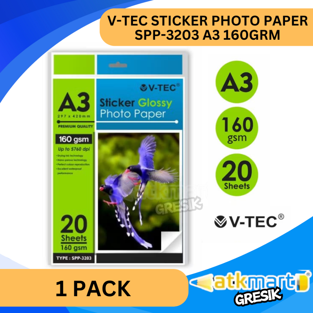 V TEC Sticker Photo Paper A3 160gr SPP-3203 – Kertas Stiker Glossy Inkjet 20 Lembar
