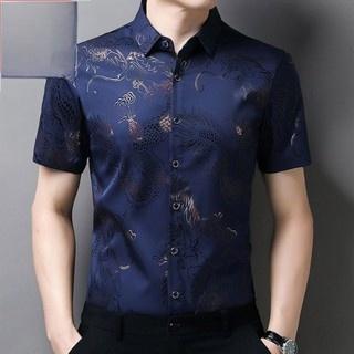 Kemeja Pria Motif Naga Tipis Sutra Es Bernapas Santai Lengan Pendek
