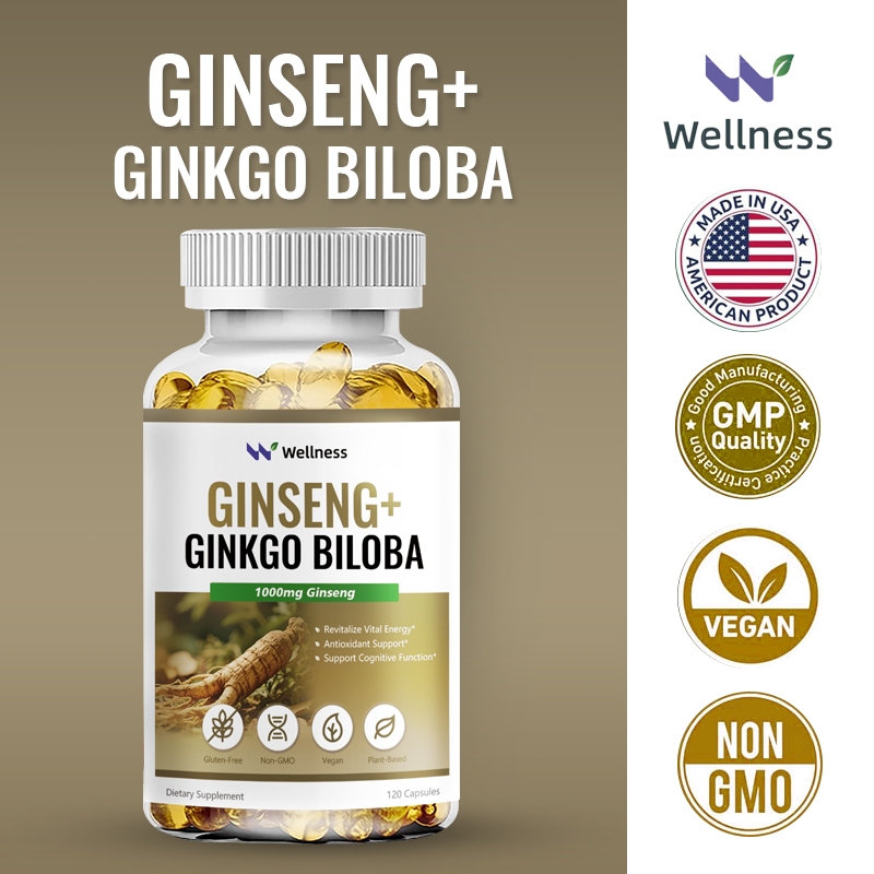 Wellness Ginkgo Biloba Kapsul 200mg Berisi (Ginseng 1000mg, Ashwagandha 200mg), Meningkatkan Fungsi 