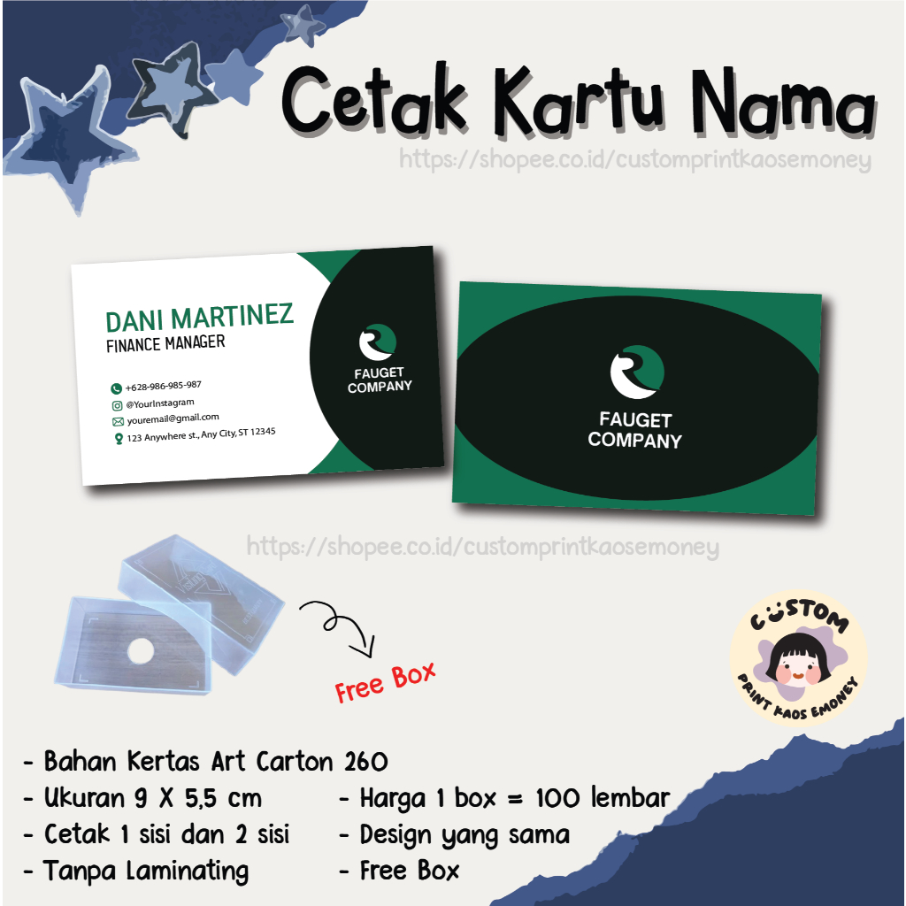 

Cetak Kartu Nama Bisnis Usaha Kartu Nama Custom Pribadi 1 Box Isi 100 Pcs Free Box Keren Murah