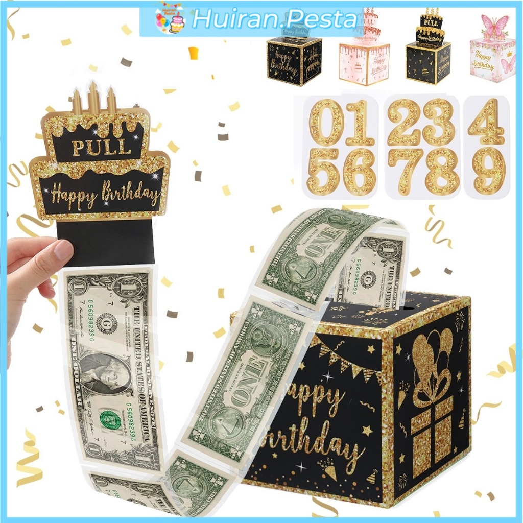 

30pcs Black Gold Kotak Hadiah Ulang Tahun Tarik Uang DIY Surprise Box Kebutuhan Pesta Ulang Tahun Dekorasi Pesta