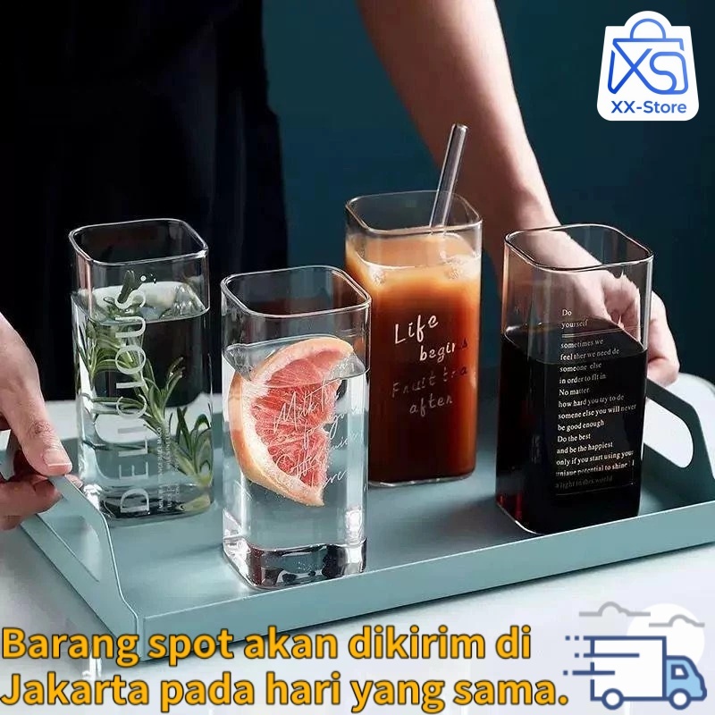 Gelas Minuman Cafe Kafe Restoran Square Glass Transparan Unik Borosilicate Glass Gelas Estetik Aesth