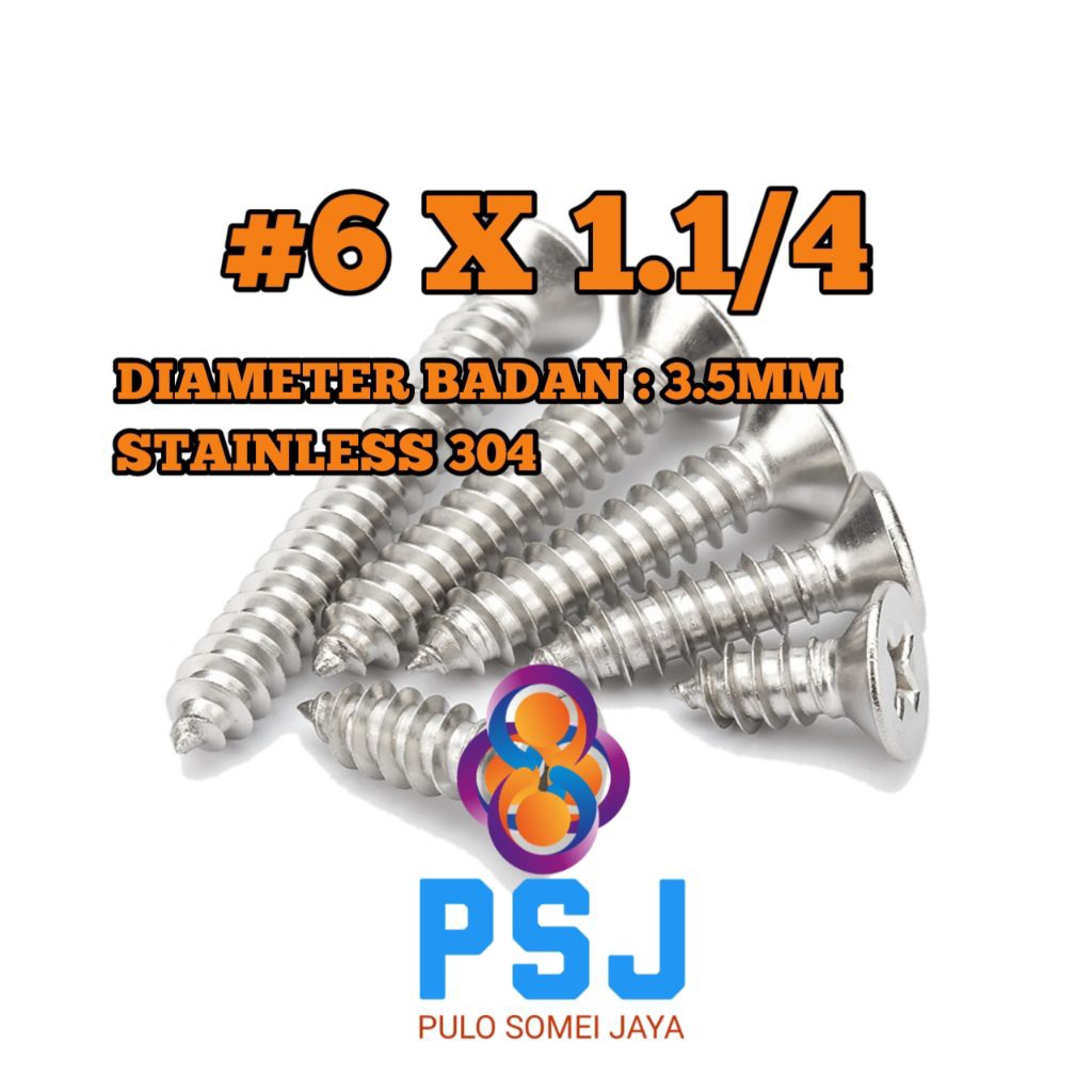 Sekrup Tapping Stainless 6 x 1 1/4 / Tapping FH Stainless 304